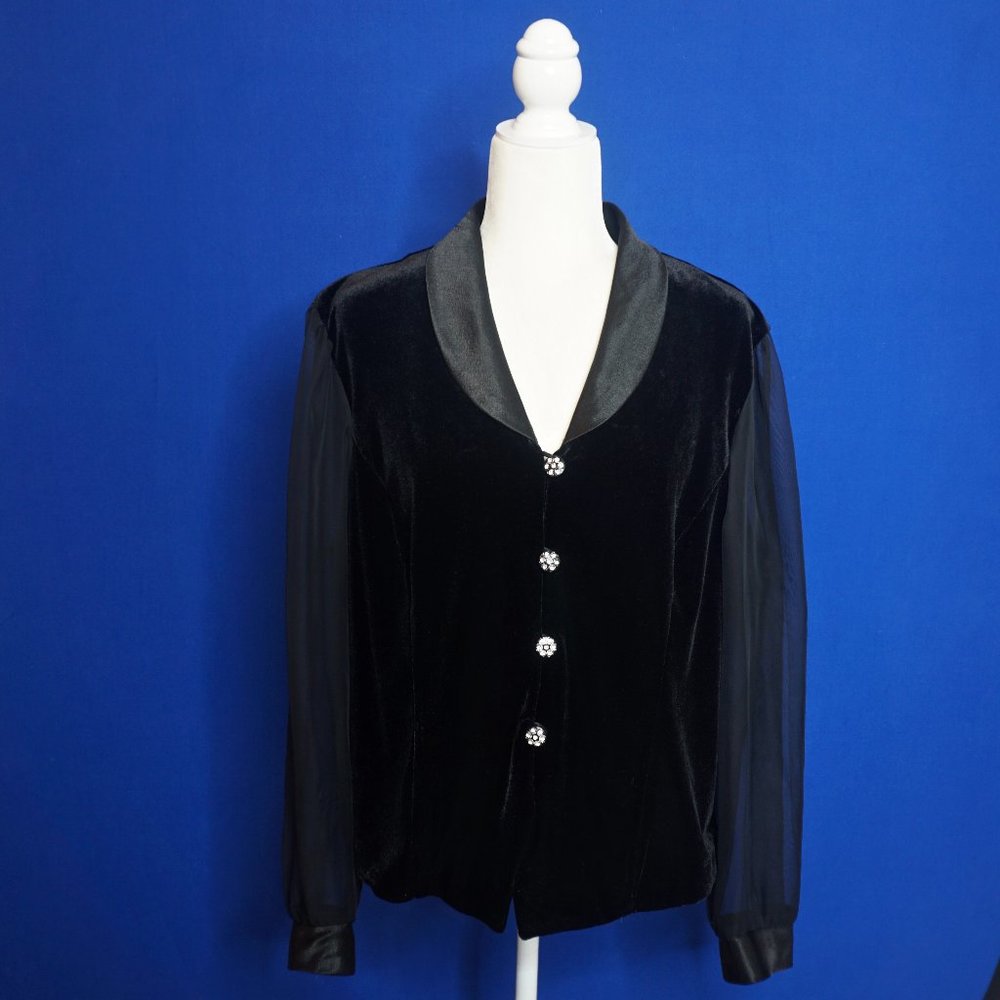 💜 DRESS BARN Black Velvet Sheer Sleeves Faux Diamond Button Jacket/Top (XL) - Picture 2 of 10